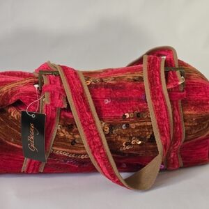 Embroidered Sequin Velvet Travel Duffel in Magenta and Copper